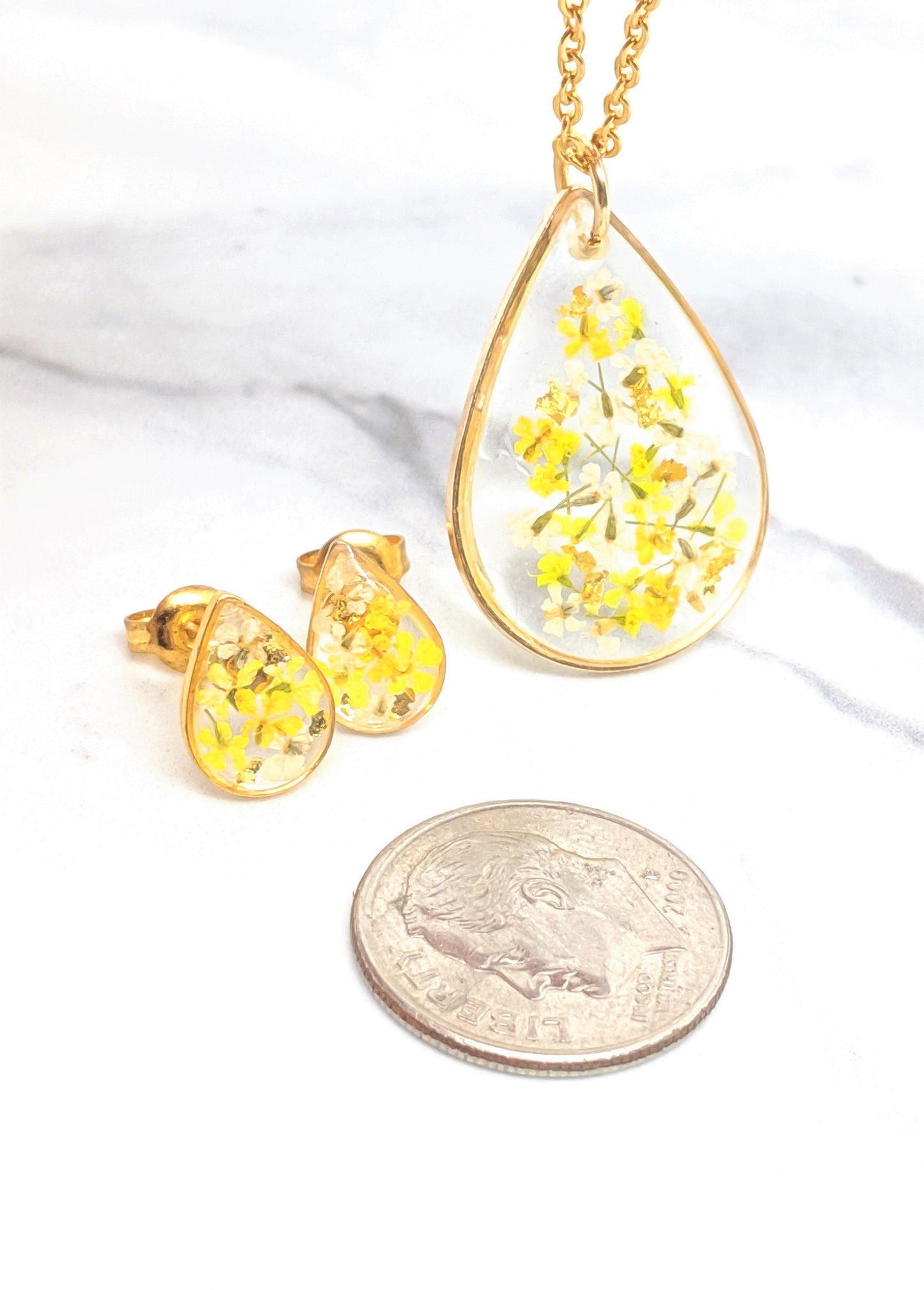 Real Pressed Flower Necklace - Yellow, White, Gold Leaf, Mustard Teardrop Pendant - Pressed Flower Jewelry - Gold Fill Available