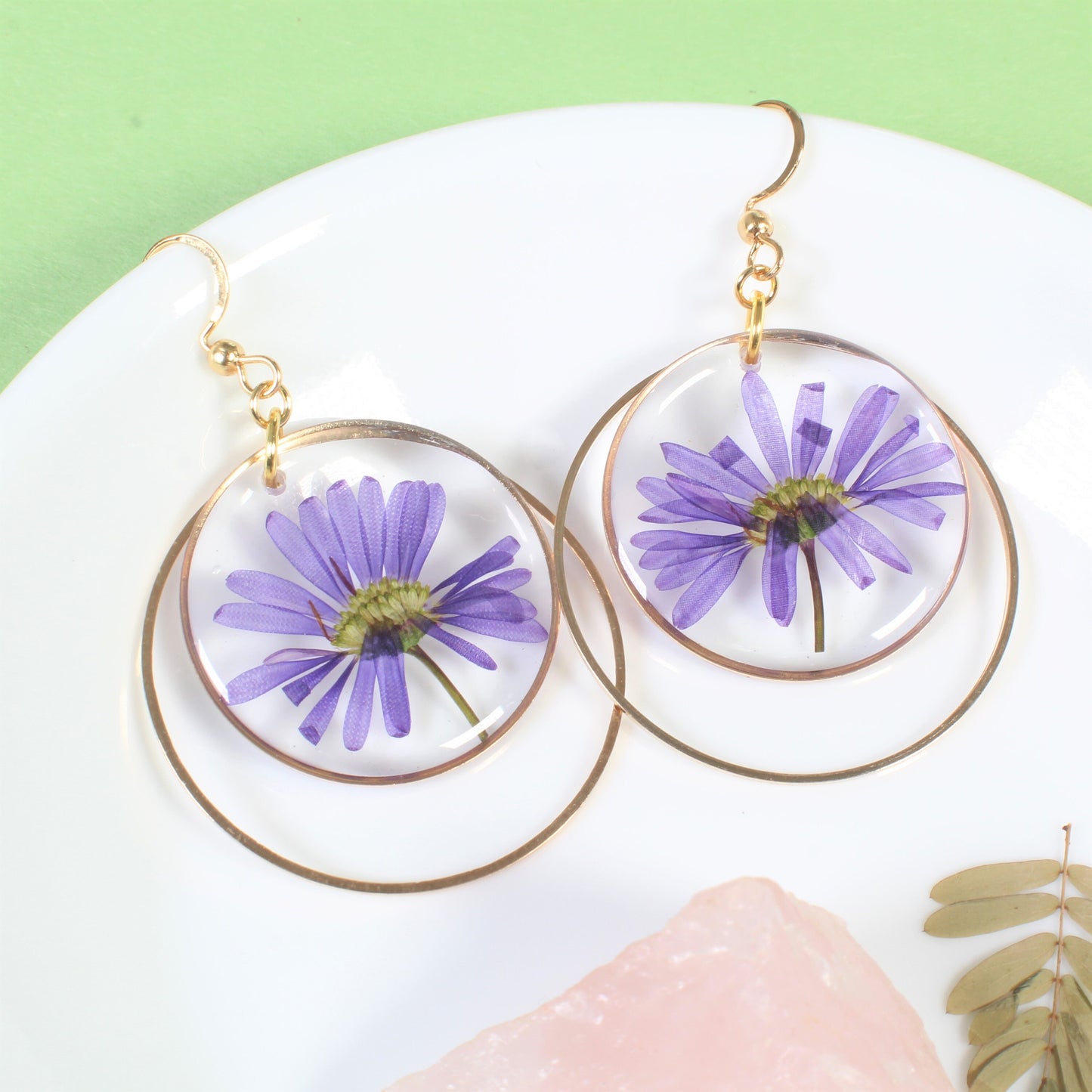 Pressed flower earrings, Aster, large dangle earrings, purple daisy, September birth flower jewelry, handmade botanical plant wildflower