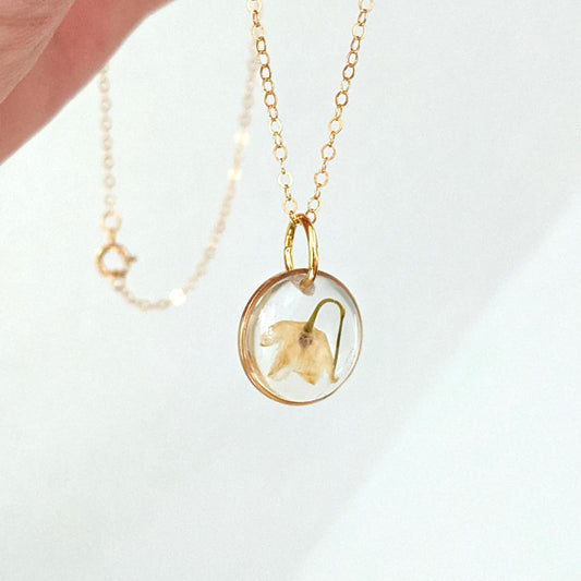 Lily of the Valley Necklace, May birth flower, beige pressed flower pendant, natural jewelry, handmade resin preserved wildflower jewelry