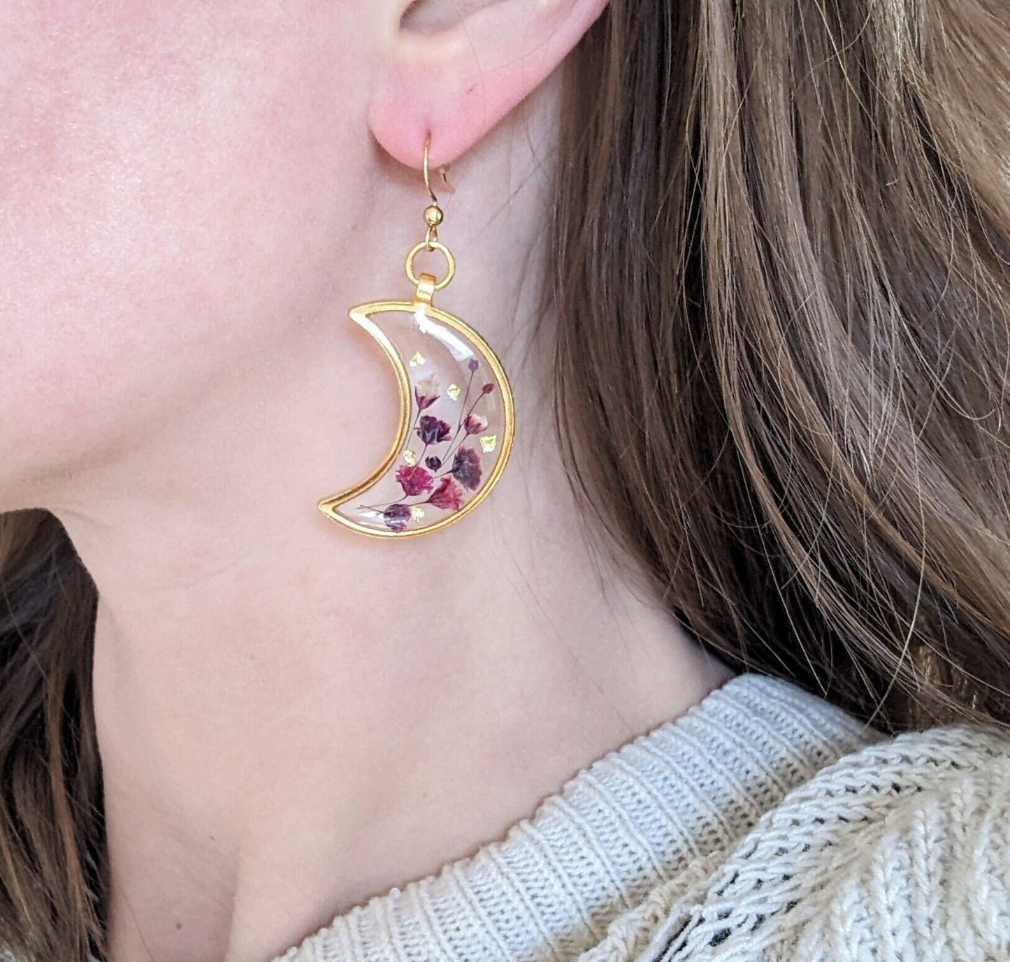 Pressed Flower Earrings, Resin Moon Dangles, Real Dried Flowers, Handmade, Silver, Rose Gold, Bronze, Gold, Botanical, Baby's breath, Nature