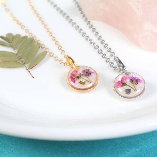 Tiny Pressed Flower Necklace, Dainty Micro Jewelry, Dried Flowers in Resin, Small, Delicate, Handmade Botanical Plant Pendant, Minimalist