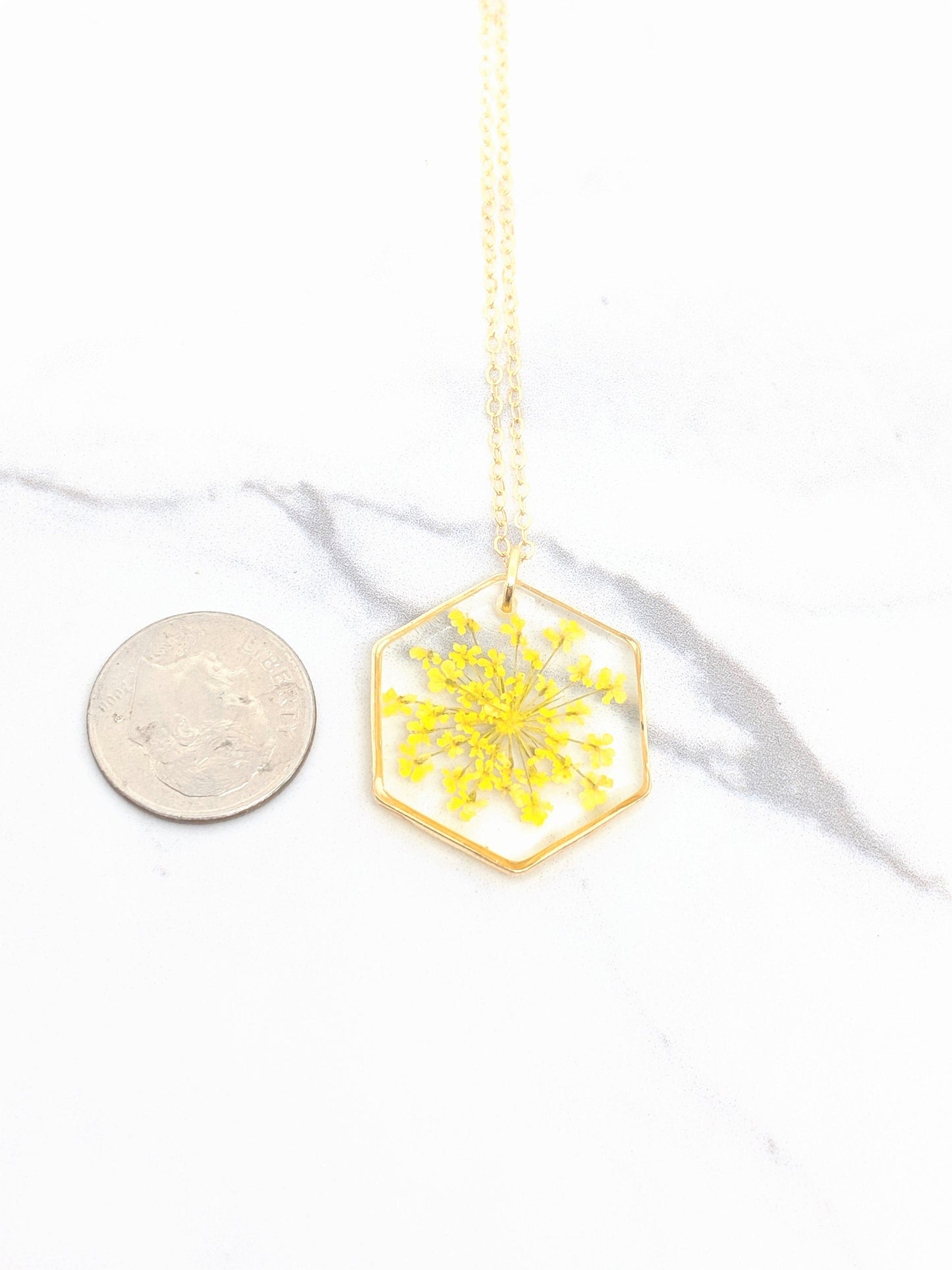 Pressed Flower Yellow Lace Sunburst Necklace, Gold Hexagon, Real Flowers in Resin, Gold Fill Option, Pressed Flower Jewelry, Dried Flowers