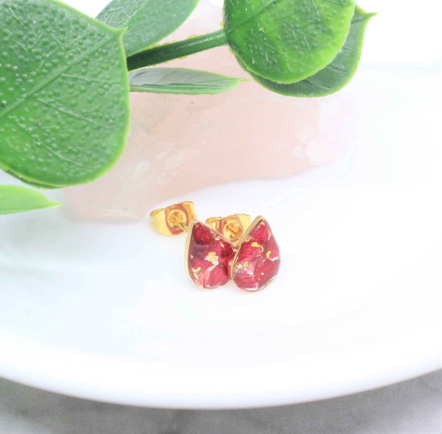 Real Pressed Flower Stud Earrings, Crushed Red Rose Petal Gold Teardrop Posts, Burgundy, Handmade Pressed Flower Jewelry, Bridal, Bridesmaid