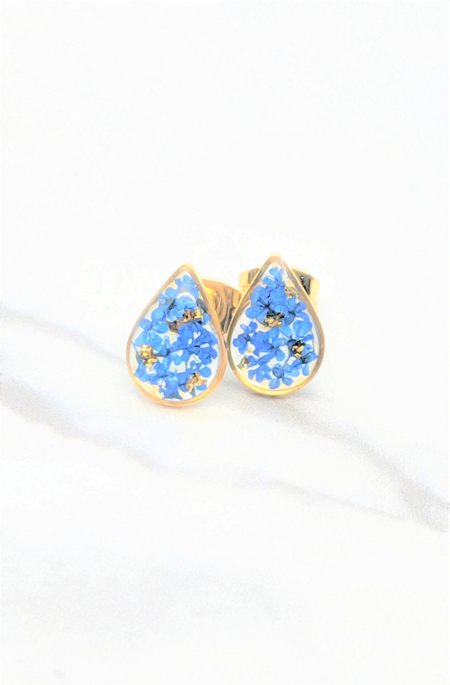 Pressed Flower Earrings, Navy Blue Gold Teardrop Studs, Dark Blue Posts, Pressed Flower Jewelry, Real Dried Flower Earrings, Pressed Flowers