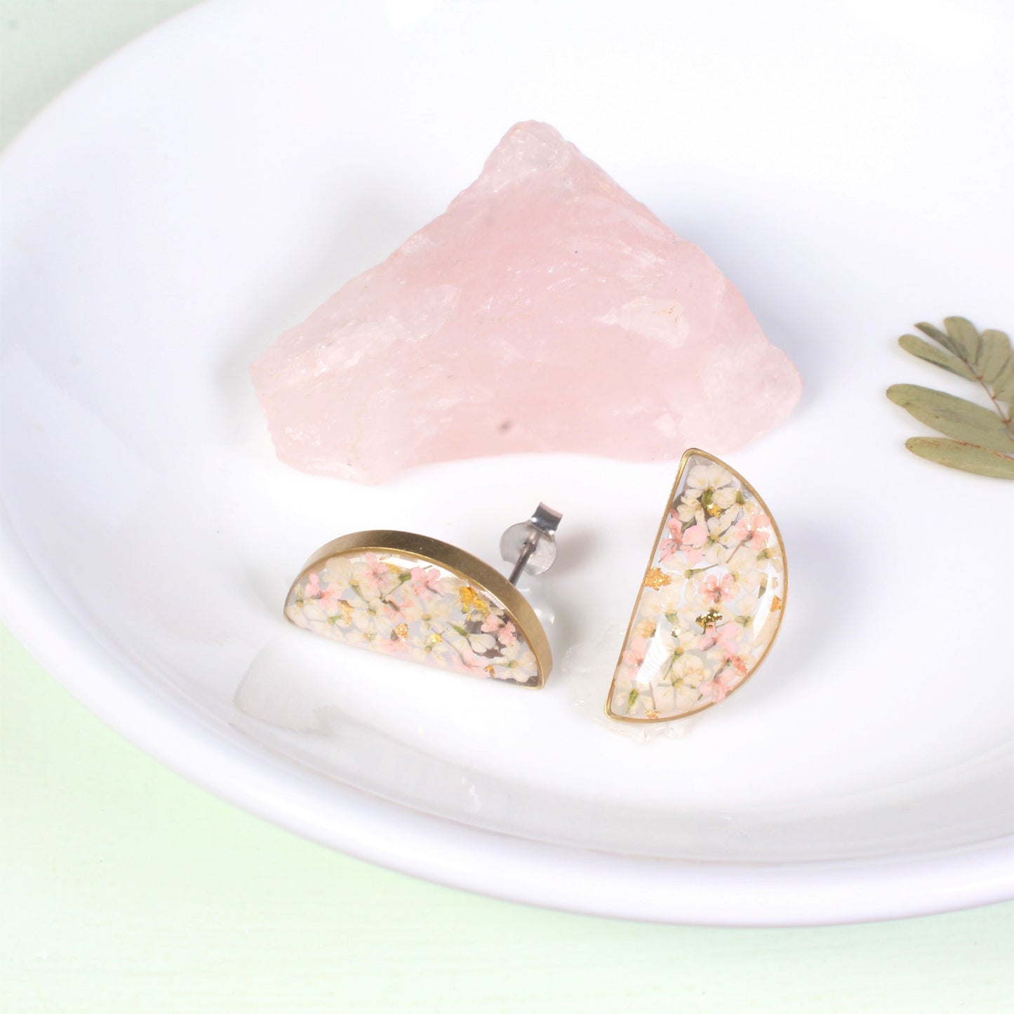 Pressed Flower Semicircle Earrings, Half Moon Resin Studs, Handmade Blush and White Dried Queen Anne's Lace, Hypoallergenic Titanium, Plants