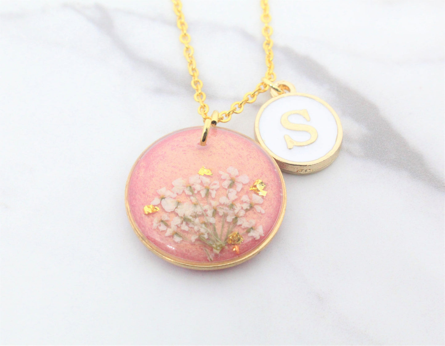 Pressed Flower Necklace, Small Real Flower Jewelry, Blush Pink, Blue, Lavender, Neon Pink, Mint, Black, Resin Lace Pendant, Colorful, Circle