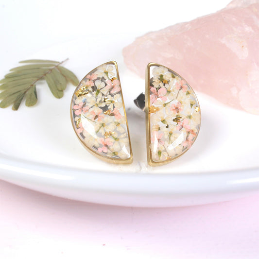 Pressed Flower Semicircle Earrings, Half Moon Resin Studs, Handmade Blush and White Dried Queen Anne's Lace, Hypoallergenic Titanium, Plants