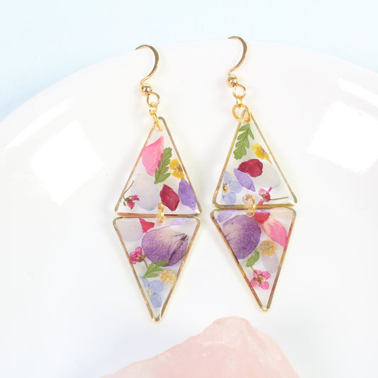 Pressed flower earrings, geometric resin wildflower dangles, handmade botanical jewelry, triangle, unique, bespoke, colorful, gardener gift