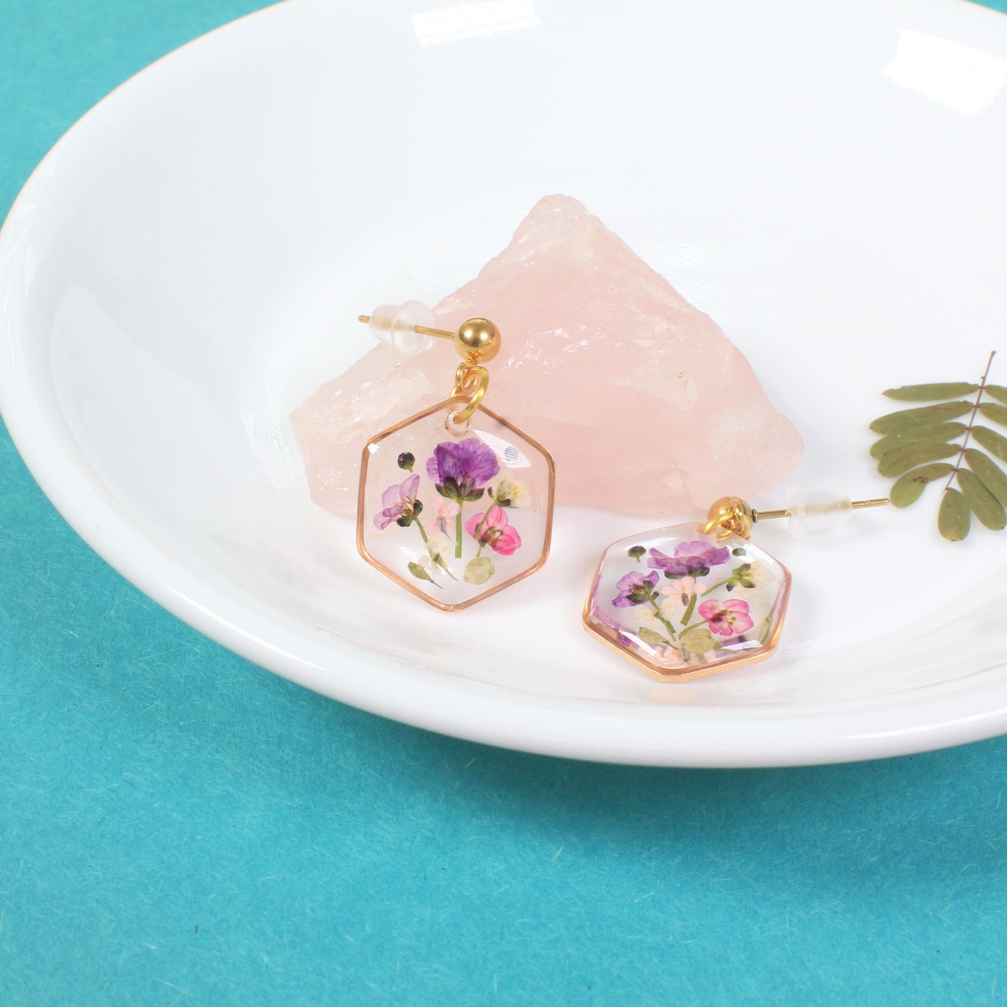 Real Pressed Flower Dangle Earrings, Hexagon Bouquet Ball Post Studs, Resin Dried Flower Jewelry, Geometric Plant Handmade, Botanical Nature