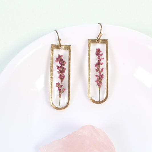 Purple pressed flower earrings, long oval resin dangle earrings, pepperweed, brass, handmade jewelry, nature lover gift, natural wildflower