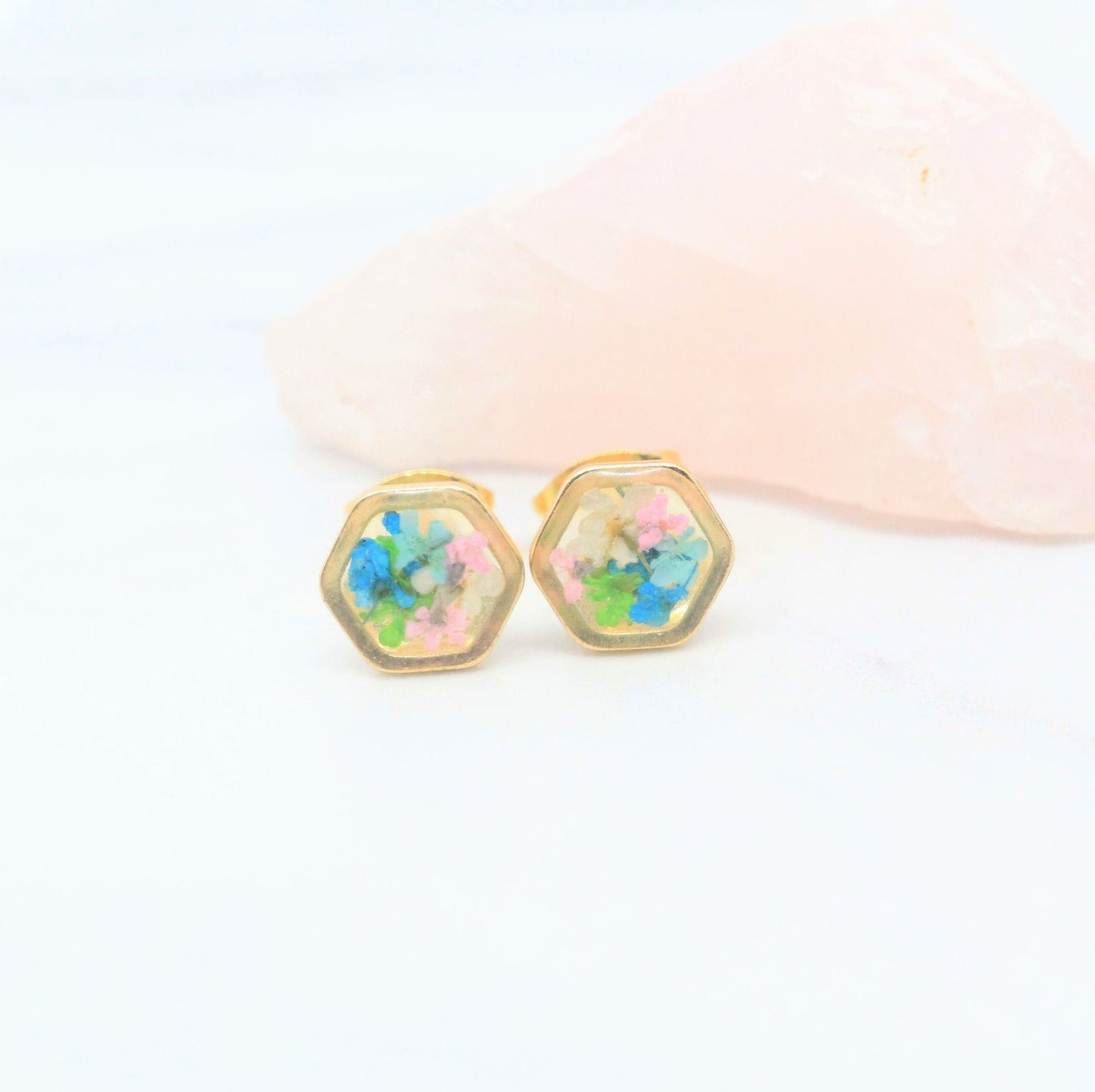 Tiny Pressed Flower Earrings, Gold Hexagon Stud, Minimalist Post, Small Green Pressed Flower Jewelry, Real Flower Jewelry,Pressed Flower