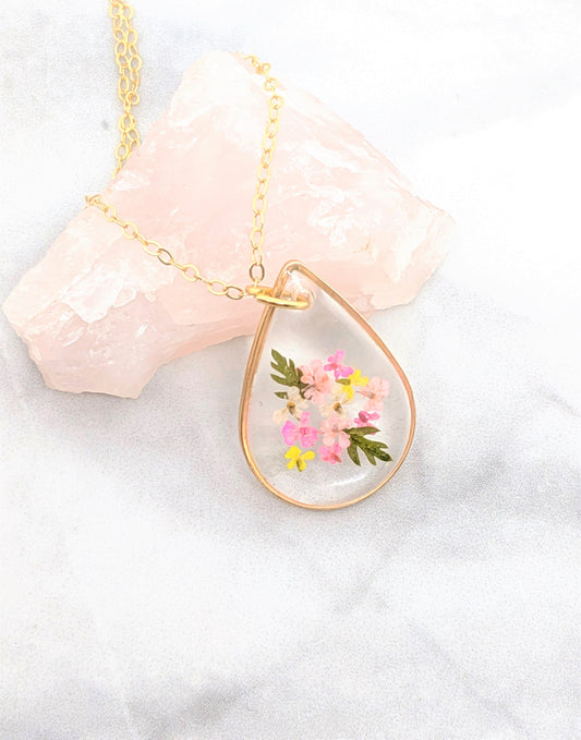 Real Pressed Flower Necklace, Small Teardrop Pendant, Pink & Yellow Bouquet, Gold Fill, Pressed Flower Jewelry, Dry Flower, Flower Girl Gift
