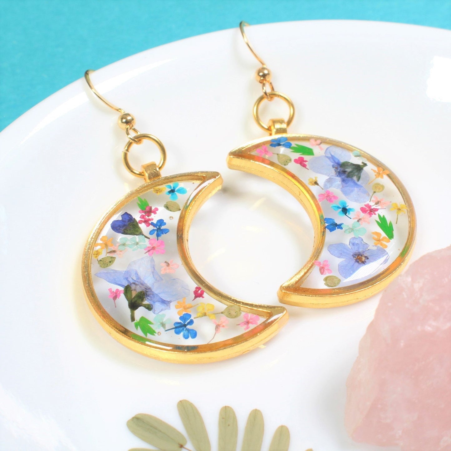 Pressed Flower Moon Earrings, Large Gold Floral Dangle, Resin, Forget me not Flowers, Colorful Dried Flower Earring, Celestial Plant Jewelry