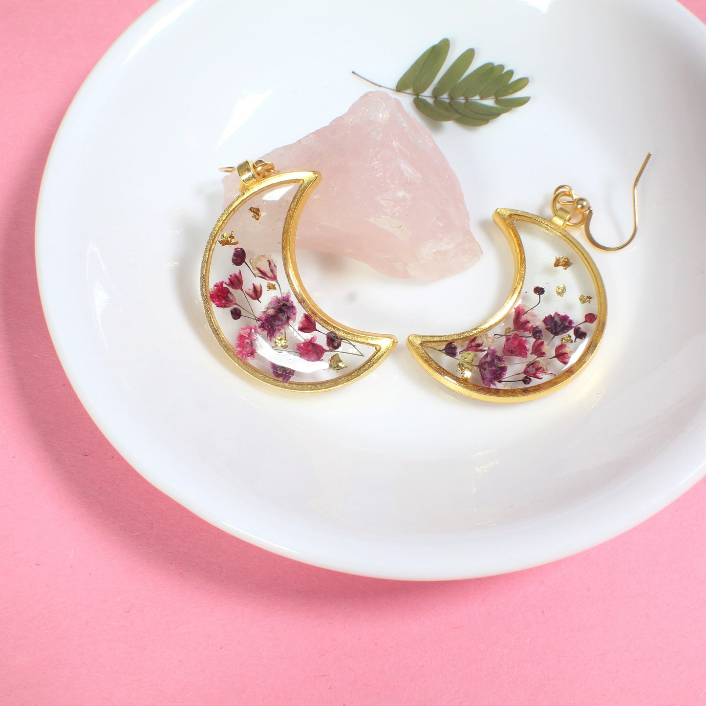 Pressed Flower Earrings, Resin Moon Dangles, Real Dried Flowers, Handmade, Silver, Rose Gold, Bronze, Gold, Botanical, Baby's breath, Nature