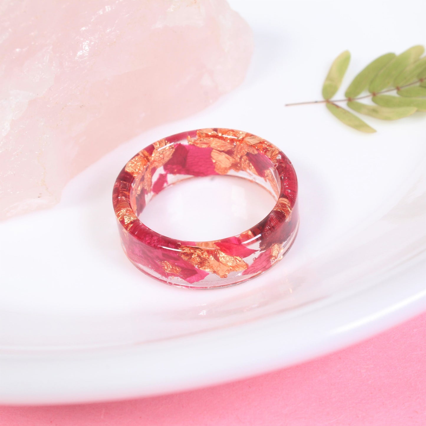 Real Pressed Flower Ring, Rose Petal and Copper Rose Gold Leaf Clear Resin Band, Pressed Flower Jewelry, Resin Ring, Pressed Flowers
