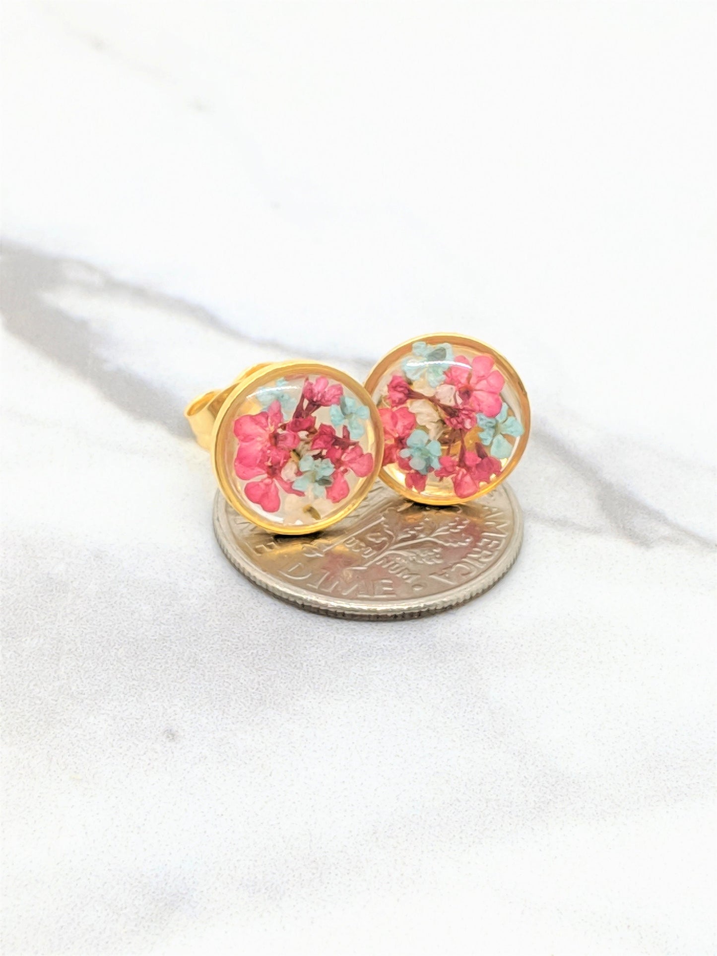 Pressed Flower Earrings, Magenta Pink Gold Circle Posts, Pressed Flower Jewelry, Real Dried Flower Resin Studs, Pressed Flowers Earrings