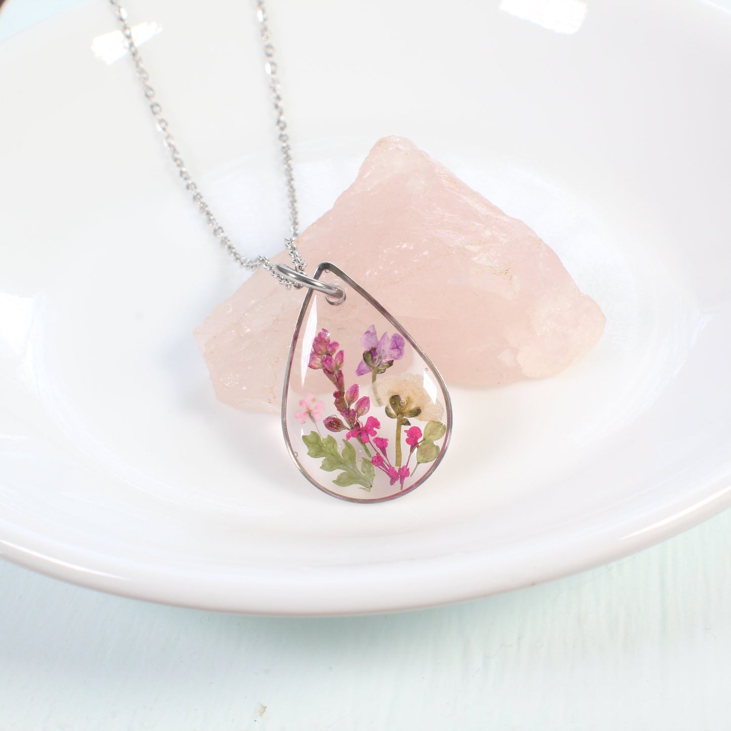 Small Pressed Flower Wildflower Teardrop Necklace