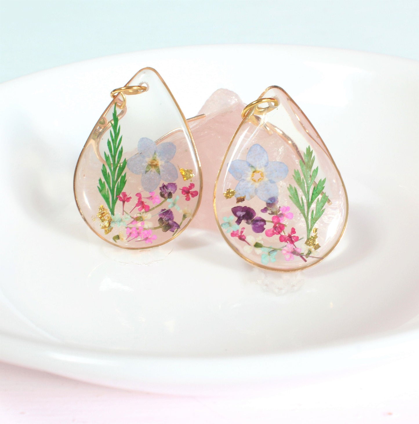 Pressed Flower Earrings, Large Teardrop Dangles, Dried Flower Jewelry, Resin Plant Earrings, Forget-me-not Earrings, Real Flower Jewelry
