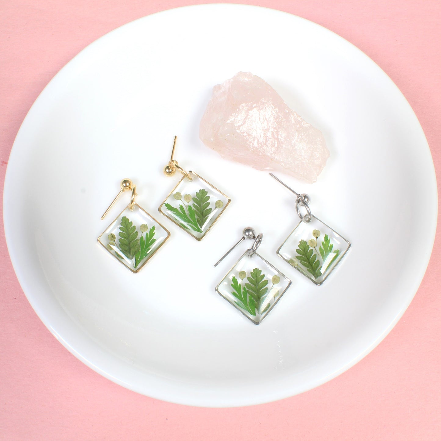 Square Mixed Fern Leaf Dangle Earrings