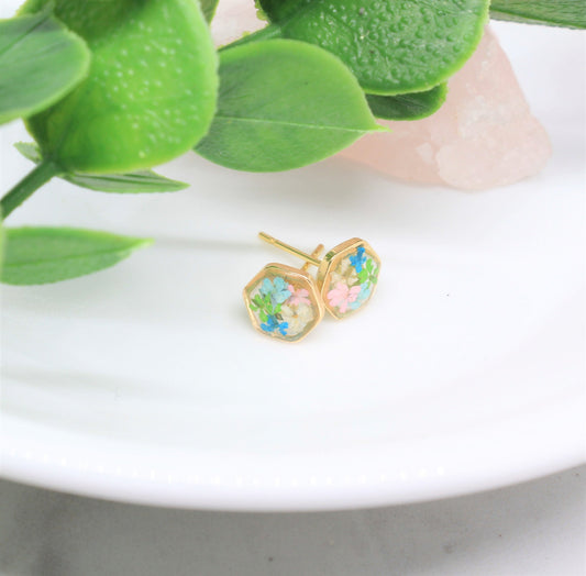 Tiny Pressed Flower Earrings, Gold Hexagon Stud, Minimalist Post, Small Green Pressed Flower Jewelry, Real Flower Jewelry,Pressed Flower