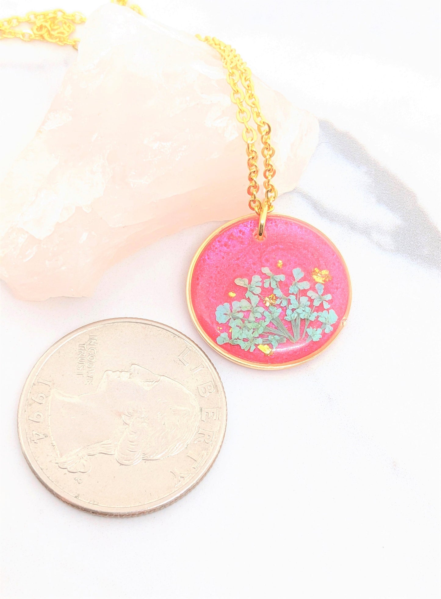 Pressed Flower Necklace, Small Real Flower Jewelry, Blush Pink, Blue, Lavender, Neon Pink, Mint, Black, Resin Lace Pendant, Colorful, Circle