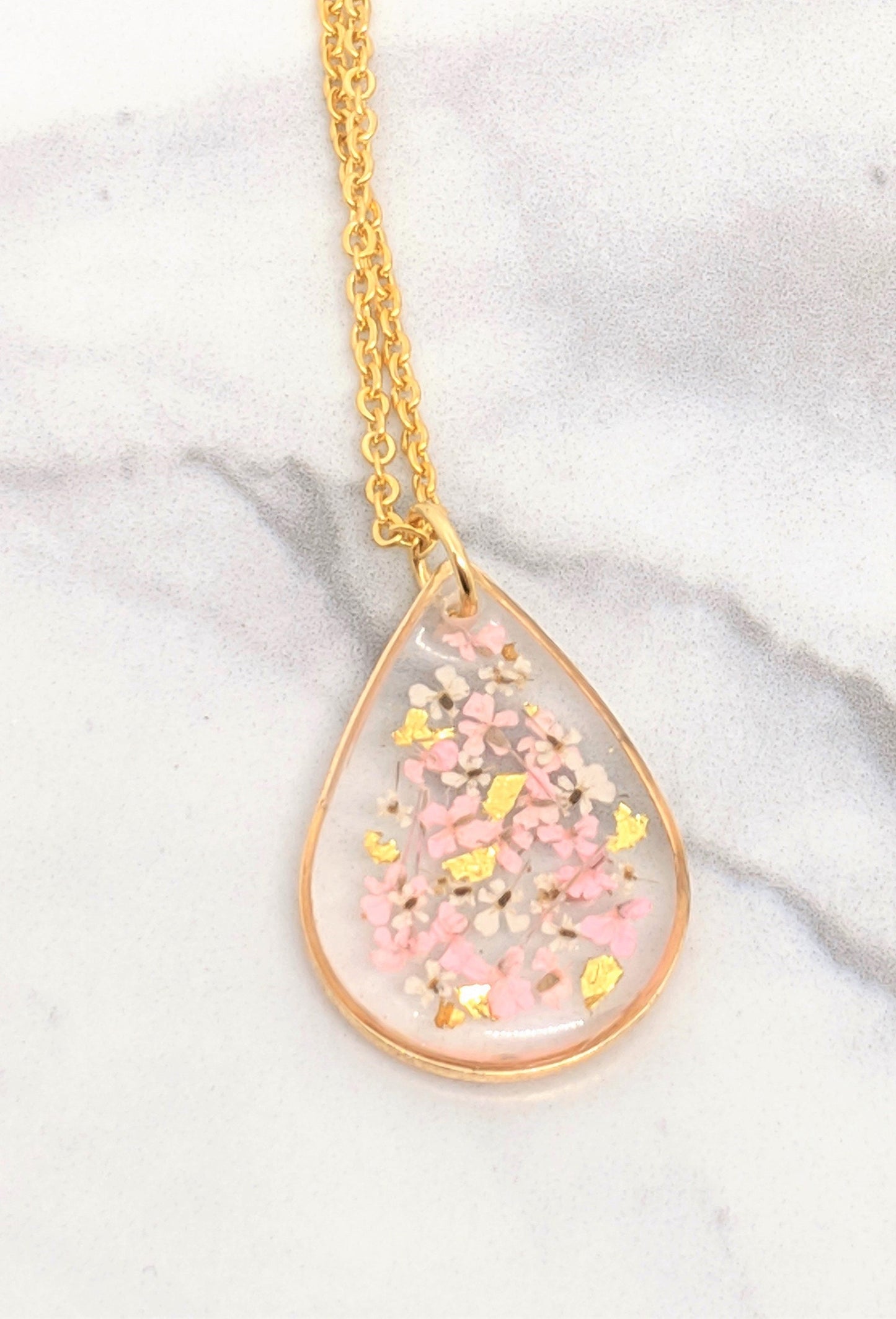 Small Real Pressed Flower Necklace, Gold, Blush Pink, White Teardrop Necklace, Pressed Flower Jewelry, Dried Flower Pendant, Resin Necklace