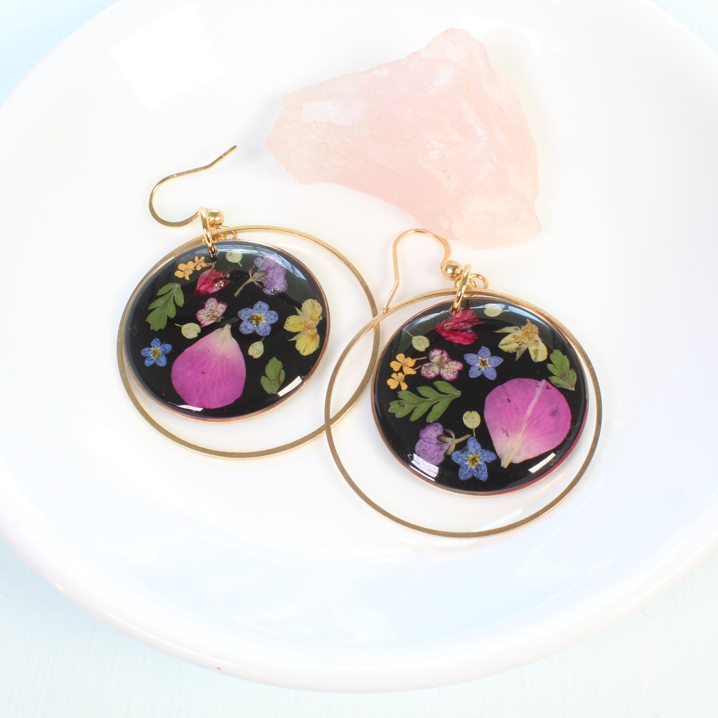 Pressed flower dangle earrings, colorful wildflower dangles, handmade dried botanicals resin jewelry, gold silver, plant lover, garden party