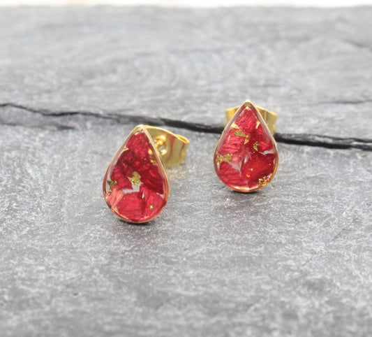 Real Pressed Flower Stud Earrings, Crushed Red Rose Petal Gold Teardrop Posts, Burgundy, Handmade Pressed Flower Jewelry, Bridal, Bridesmaid