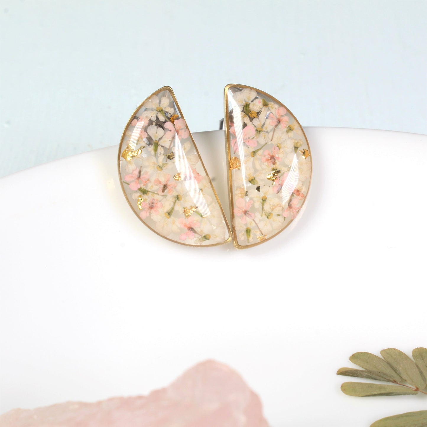 Pressed Flower Semicircle Earrings, Half Moon Resin Studs, Handmade Blush and White Dried Queen Anne's Lace, Hypoallergenic Titanium, Plants