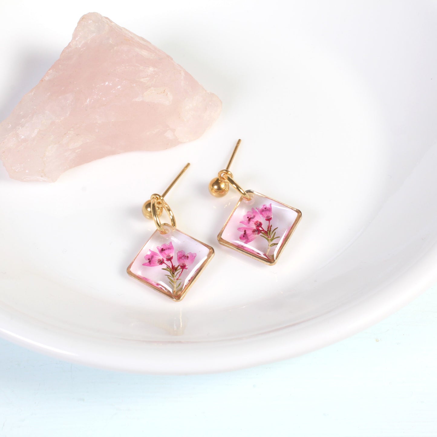 Dainty pink heather pressed flower earrings, small square dangles in silver or gold, handmade resin botanical jewelry, wildflower ball studs