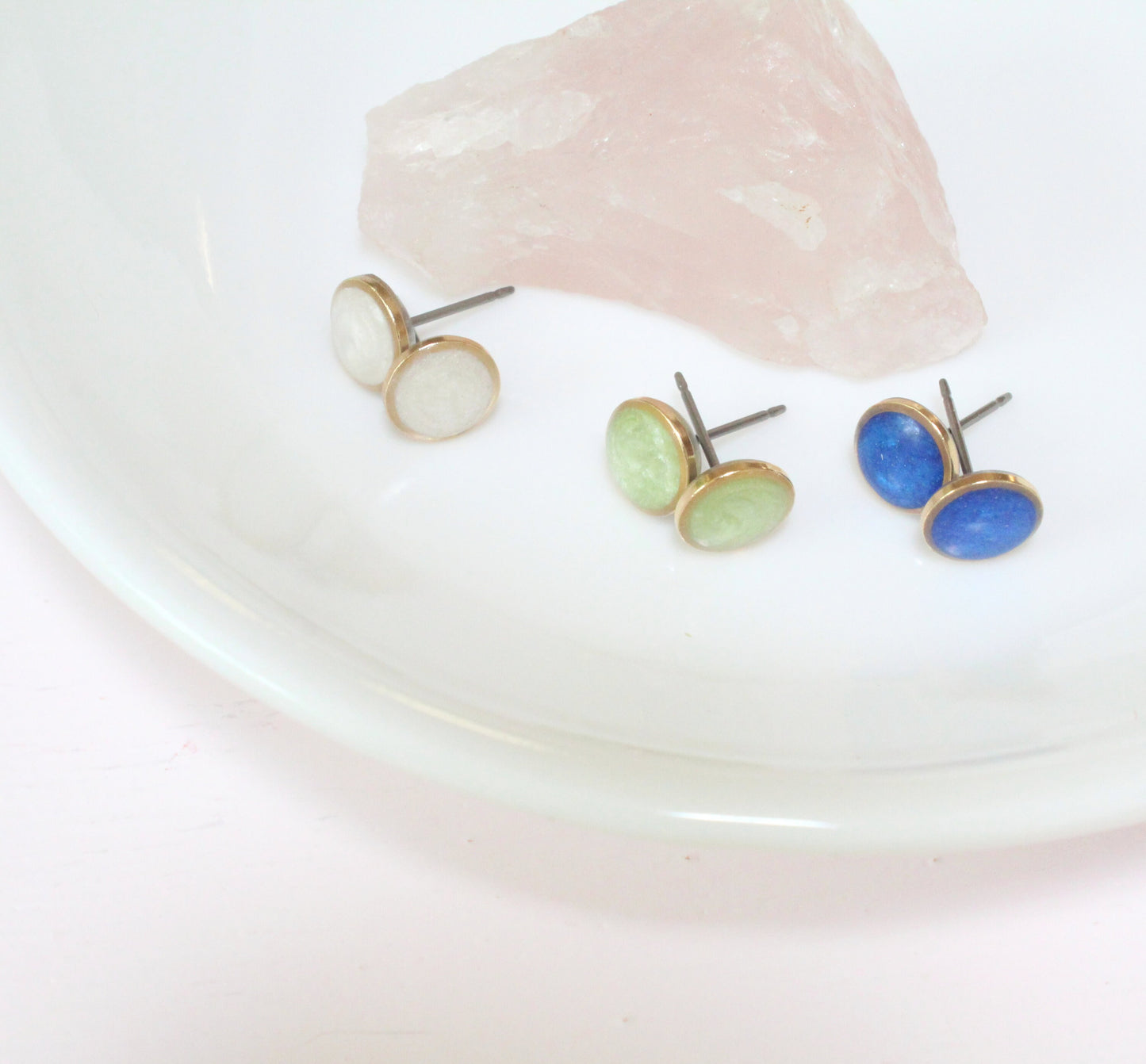 Small Modern Minimalist Mint Studs | Resin Post Earrings | Hypoallergenic Titanium | Geometric | Gold Circles, Mint Green | Layering Accent
