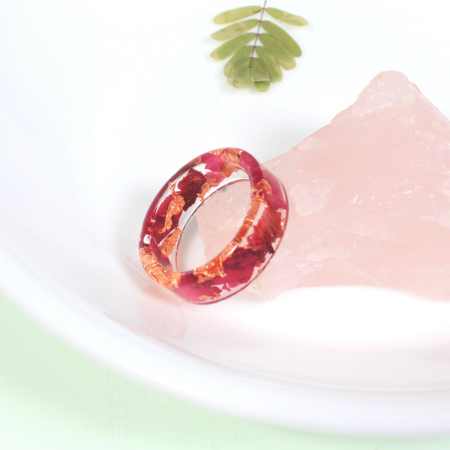 Real Pressed Flower Ring, Rose Petal and Copper Rose Gold Leaf Clear Resin Band, Pressed Flower Jewelry, Resin Ring, Pressed Flowers