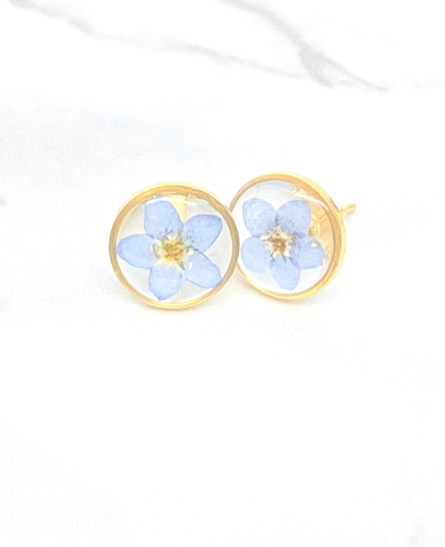 Pressed Flower Earrings, Forget me not Studs, Botanical Earrings, Pressed Flower Jewelry, Real Dried Blue Flower Studs, Hypoallergenic