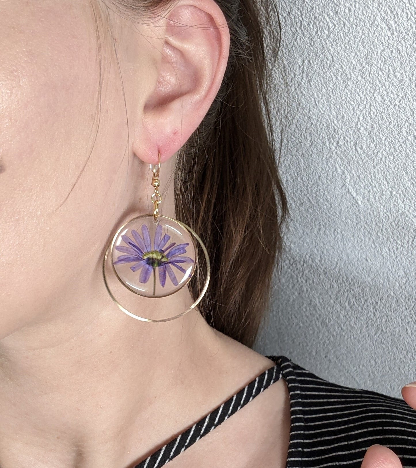 Pressed flower earrings, Aster, large dangle earrings, purple daisy, September birth flower jewelry, handmade botanical plant wildflower