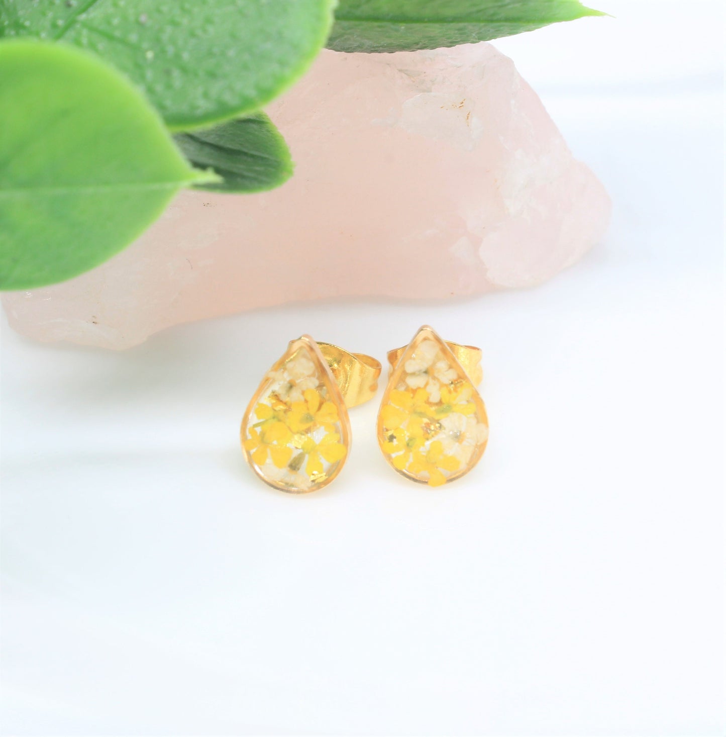 Pressed Flower Studs, Yellow, White, Gold Teardrop Posts, Dry Flower Earrings, Pressed Flower Jewelry, Real Flowers Jewelry, Pressed Flowers
