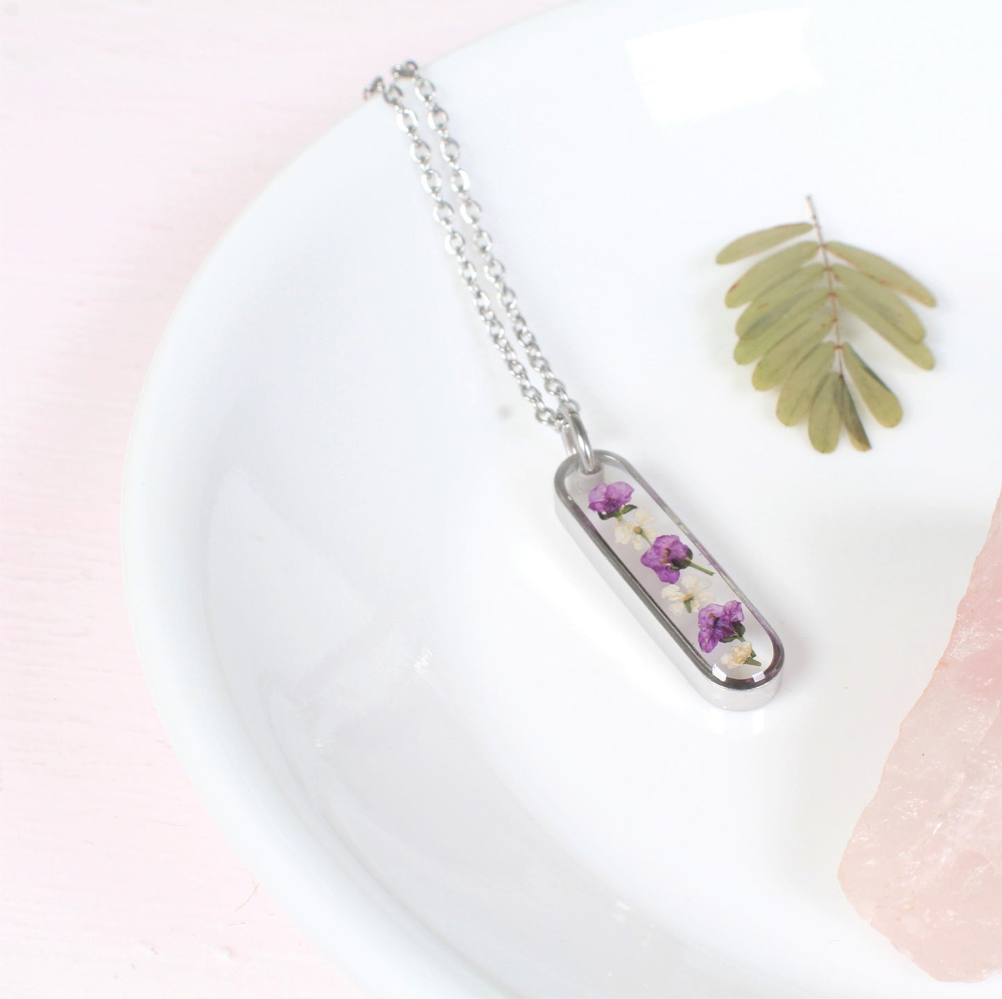 Pressed flower necklace, Dainty Oval Bar, Small Purple and White Dried Flowers in Resin, Delicate, Silver, Nature, Handmade botanical