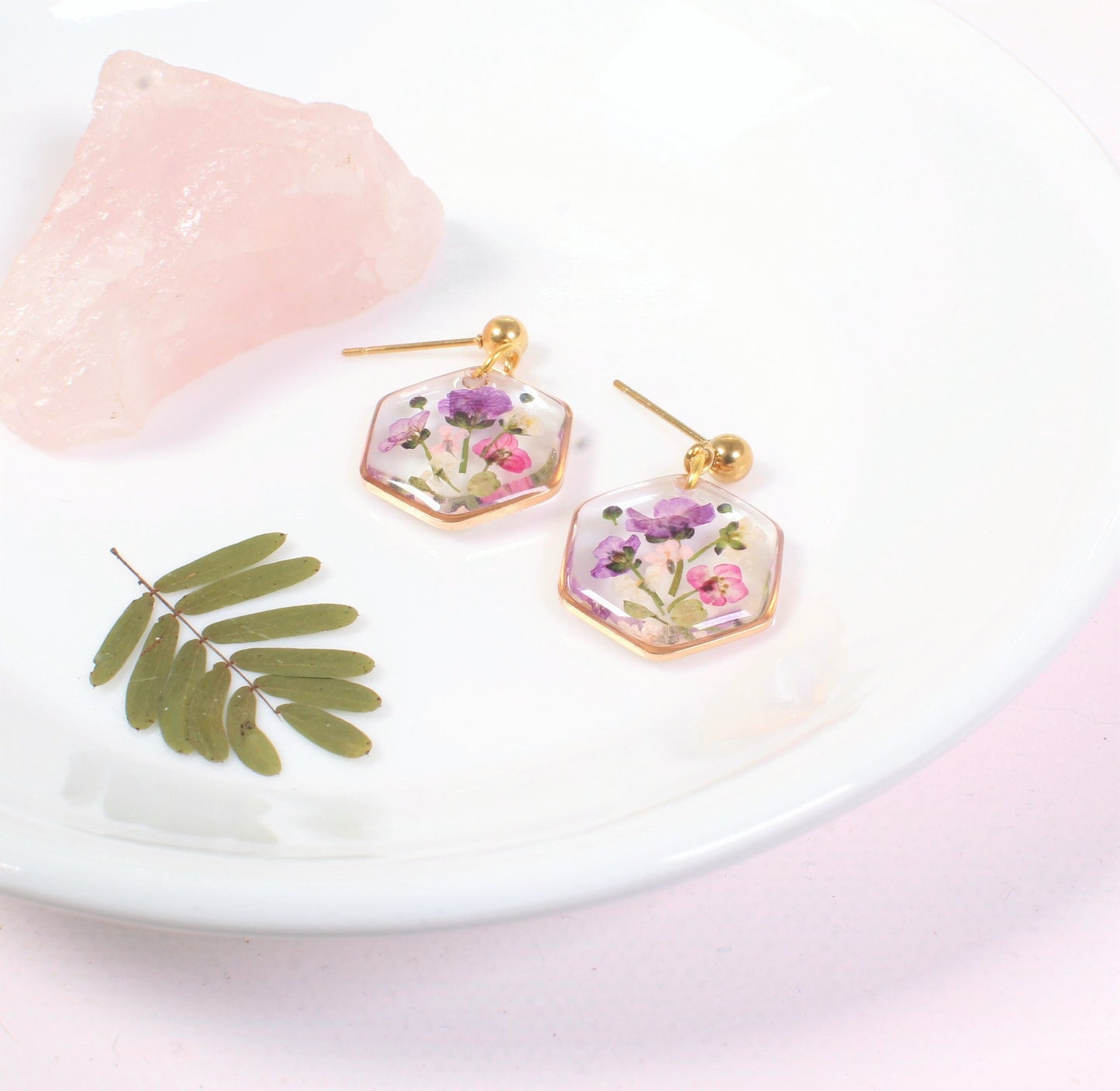 Real Pressed Flower Dangle Earrings, Hexagon Bouquet Ball Post Studs, Resin Dried Flower Jewelry, Geometric Plant Handmade, Botanical Nature