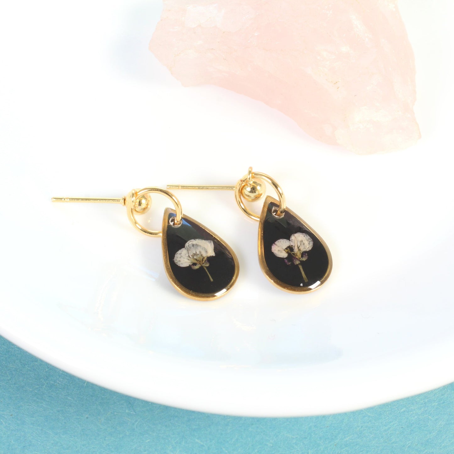 Dainty gold pressed flower dangle earrings, black, white, natural flower jewelry, handmade, resin botanical earrings, small teardrop stud