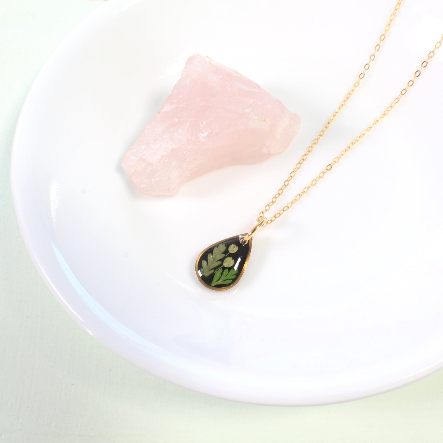 Tiny fern necklaces, real pressed fern leaf in resin, handmade nature plant jewelry, forest necklace, teardrop pendant, gold filled, silver