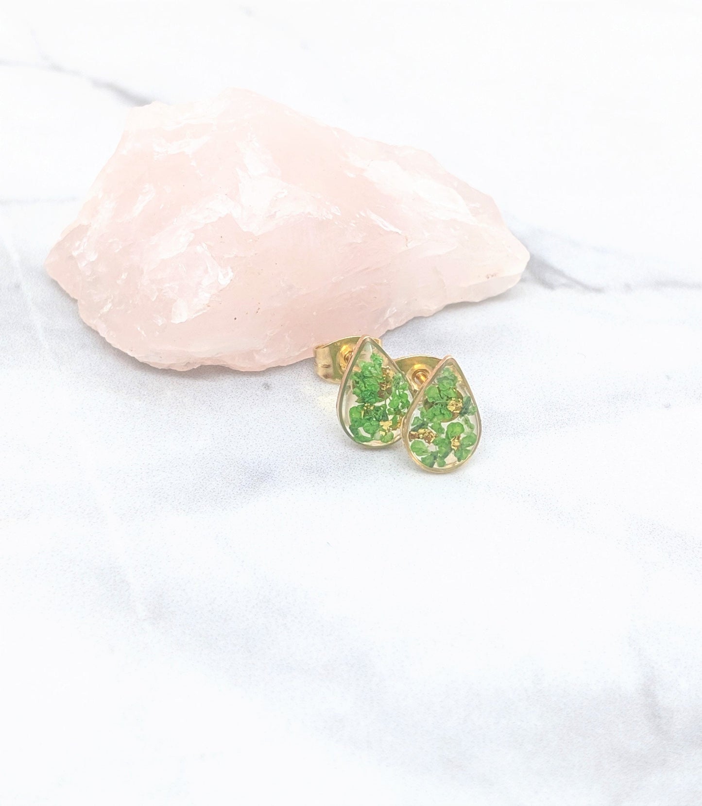 Real Pressed Flower Earrings, Emerald Green & Gold Teardrop Studs, Wildflower Post Earrings, Pressed Flower Jewelry, Green Pressed Flower