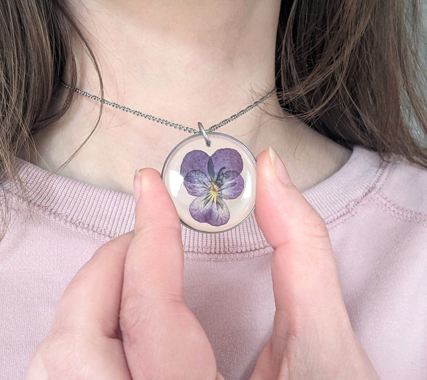 Violet Necklace, Pressed Flower, Real Pansy Viola Jewelry, Dry Flower Resin, Handmade Pressed Flower Pendant, February Birth Flower