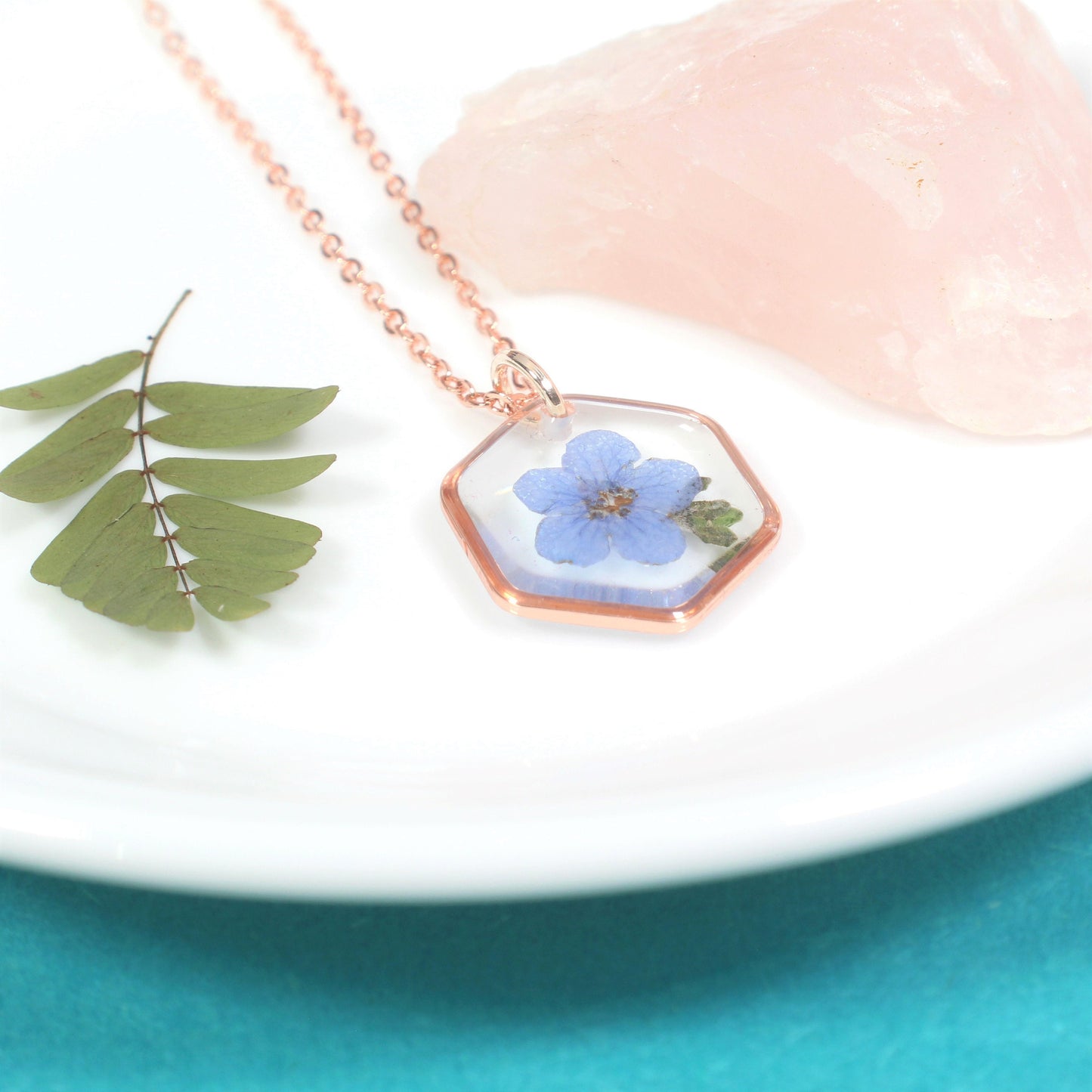 Forget me not Necklace, Pressed Flower Jewelry, Real Dried Flowers, Resin, Small Hexagon Forget-Me-Not, Handmade Gift for Loss