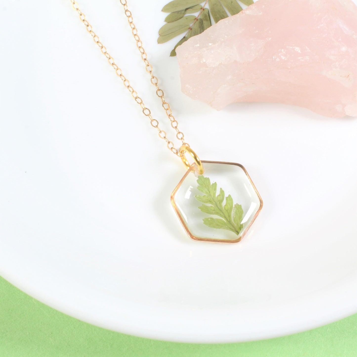 Real Fern Leaf Necklace, Small Hexagon Resin Jewelry, Pressed Flower Necklace, Handmade Fall Jewelry, Plant Lover Gift Dainty Nature Pendant