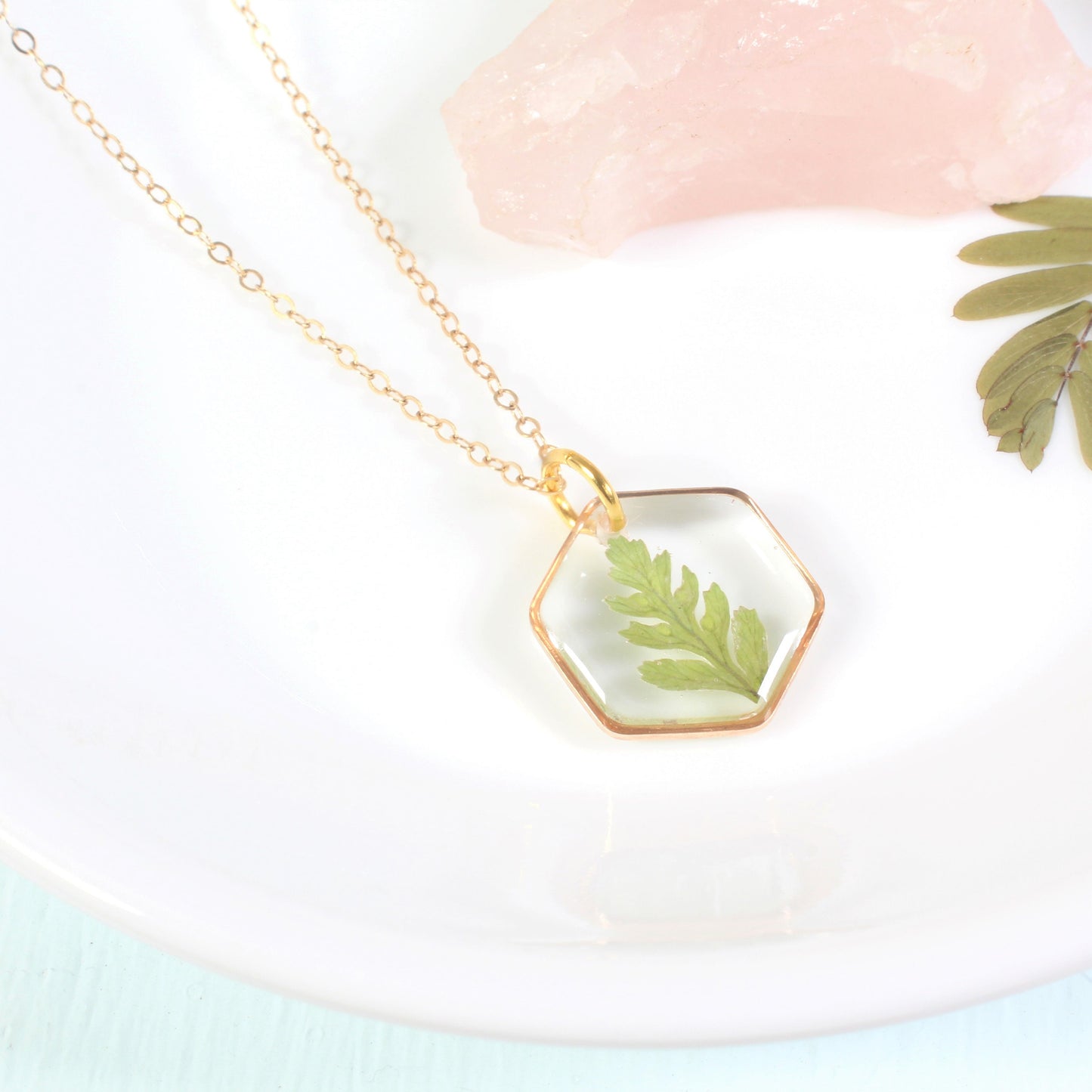 Real Fern Leaf Necklace, Small Hexagon Resin Jewelry, Pressed Flower Necklace, Handmade Fall Jewelry, Plant Lover Gift Dainty Nature Pendant