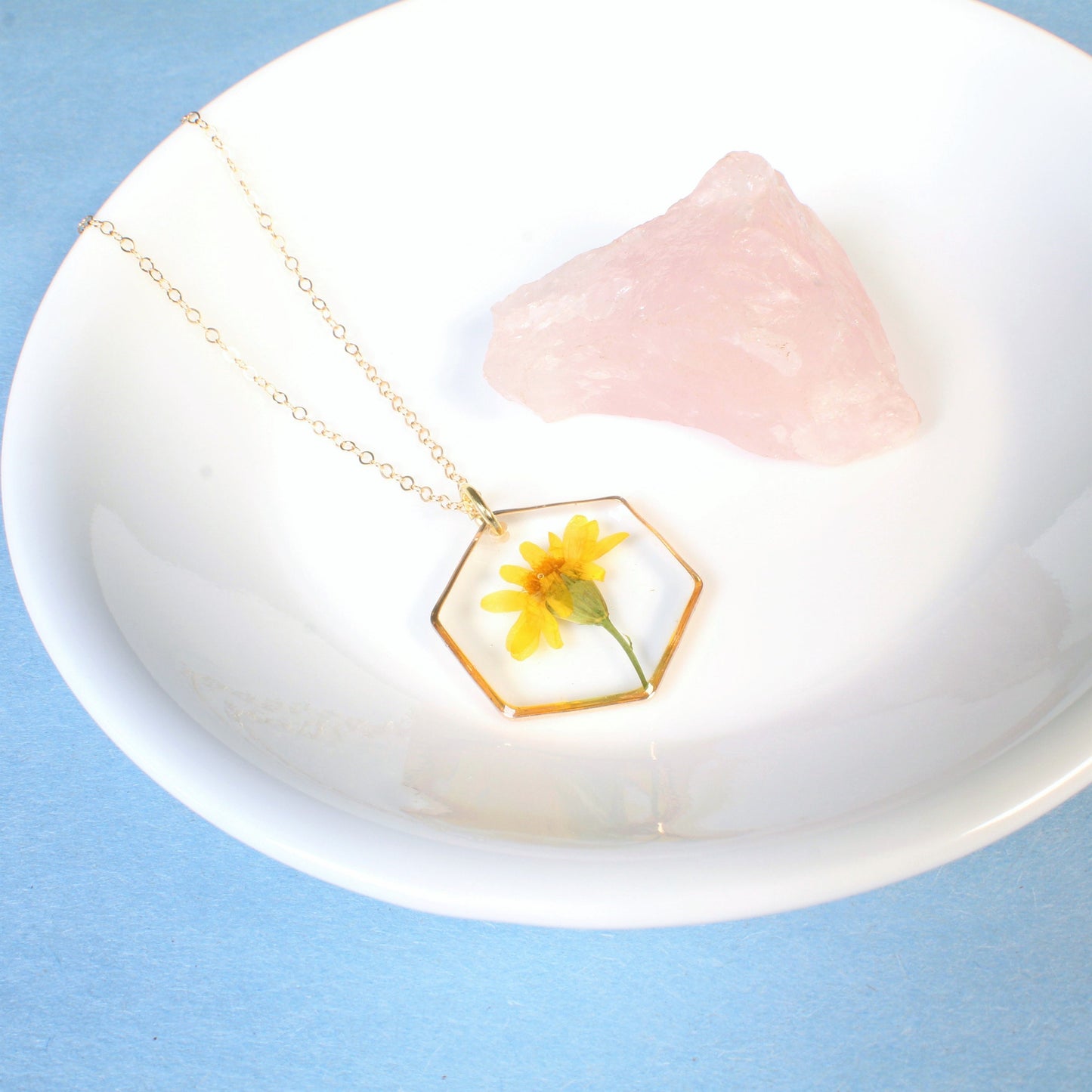 Yellow pressed flower necklace, resin daisy pendant, real dried wildflower jewelry, hexagon, handmade, daffodil, March birth flower jewelry
