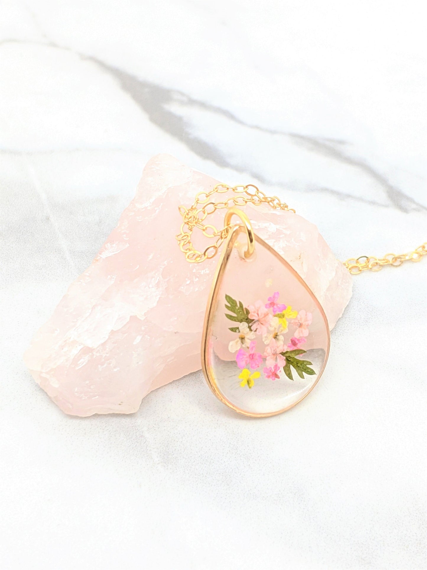 Real Pressed Flower Necklace, Small Teardrop Pendant, Pink & Yellow Bouquet, Gold Fill, Pressed Flower Jewelry, Dry Flower, Flower Girl Gift
