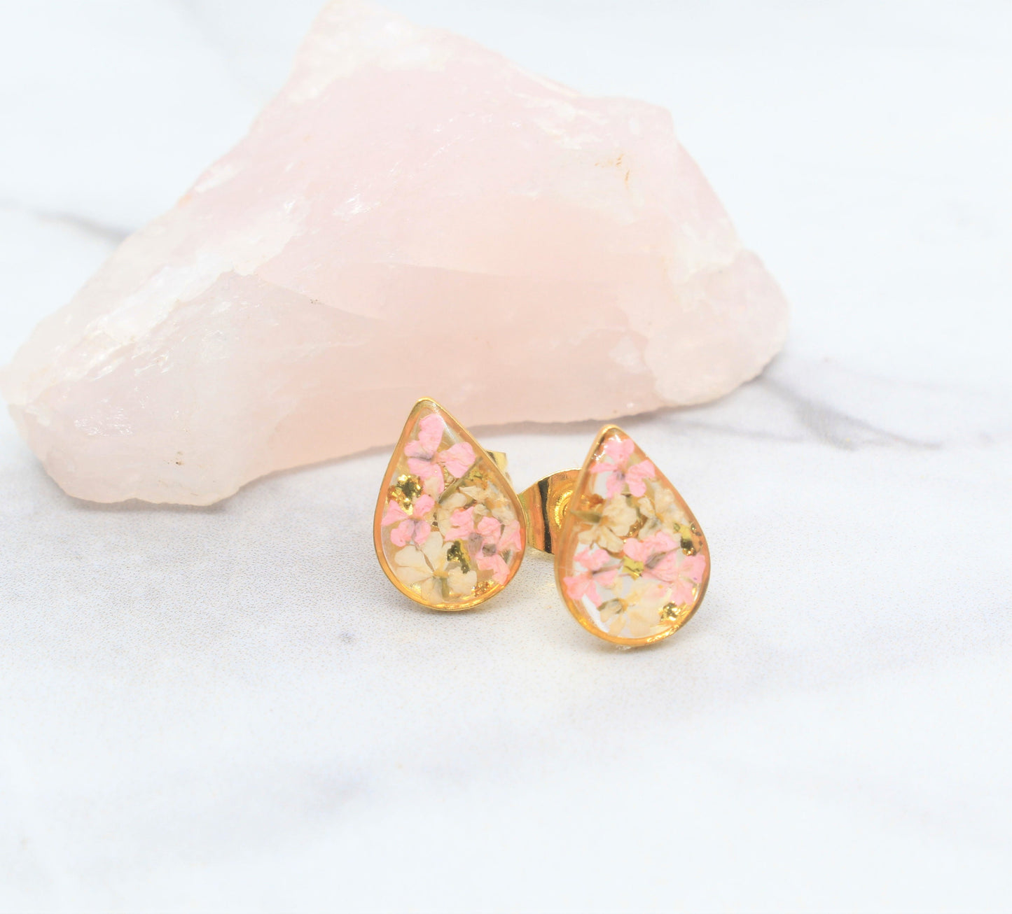 Pressed Flower Studs, Blush Pink, White, Gold Leaf Detail, Real Dry Flower Jewelry, Pressed Flower Post Earrings, Pressed Flower Jewelry