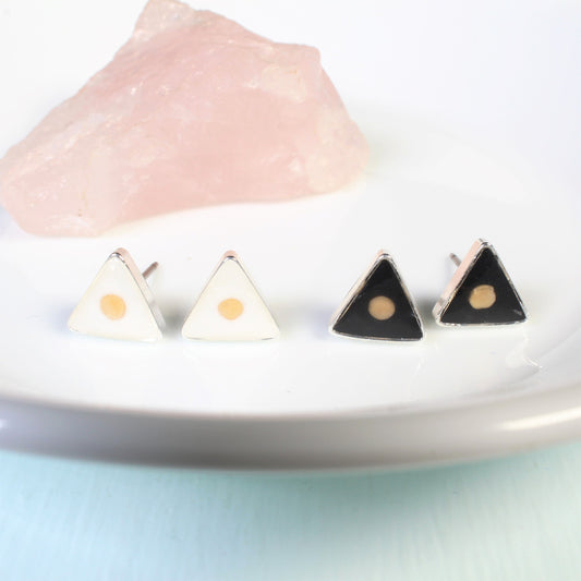 Mustard seed earrings, small triangle earrings, mountain faith studs, hypoallergenic titanium, Christian jewelry, handmade, resin, silver