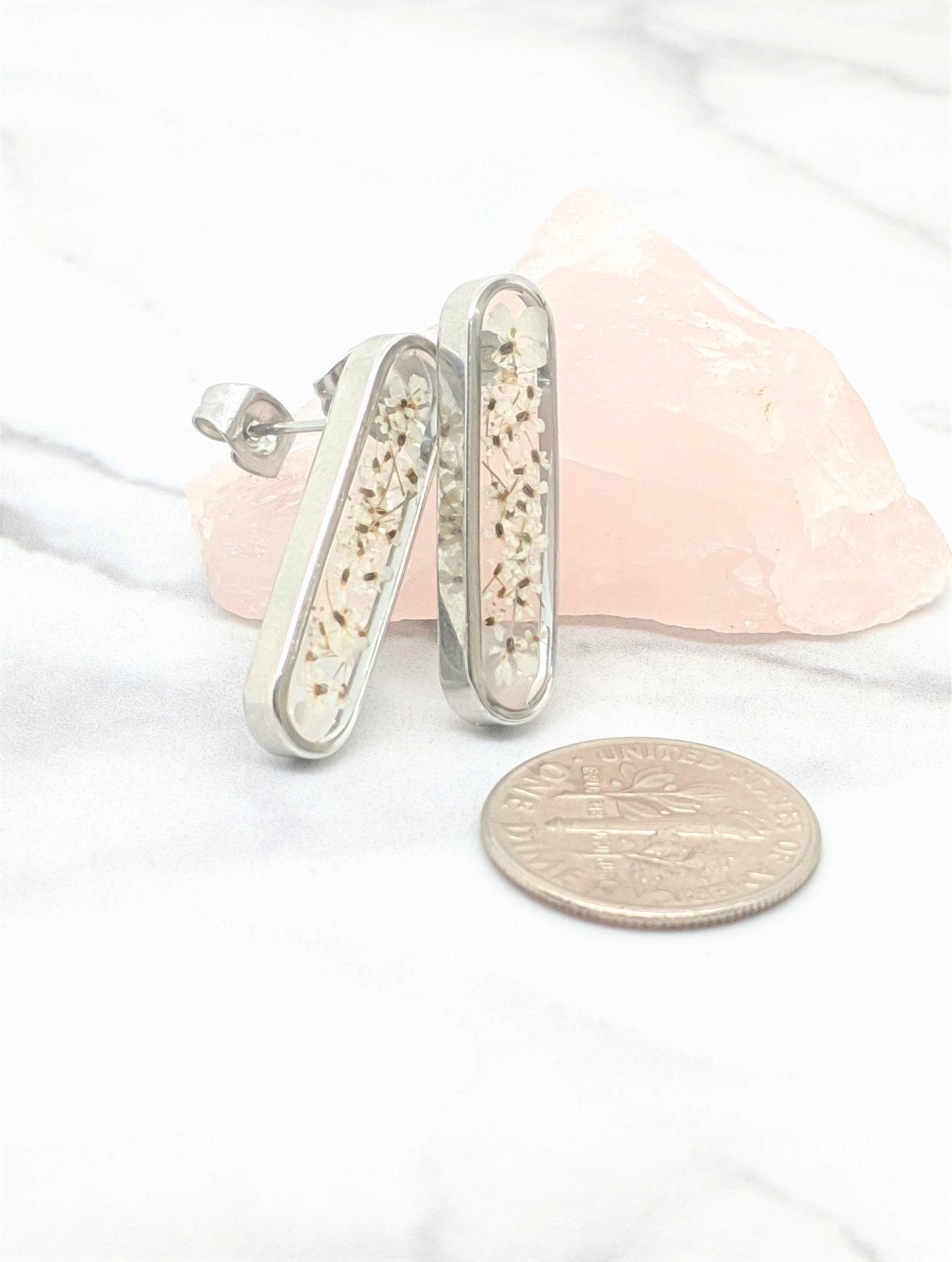 Real Pressed Flower Earrings - Oval Silver Bar Posts with White Wildflowers - Pressed Flower Jewelry