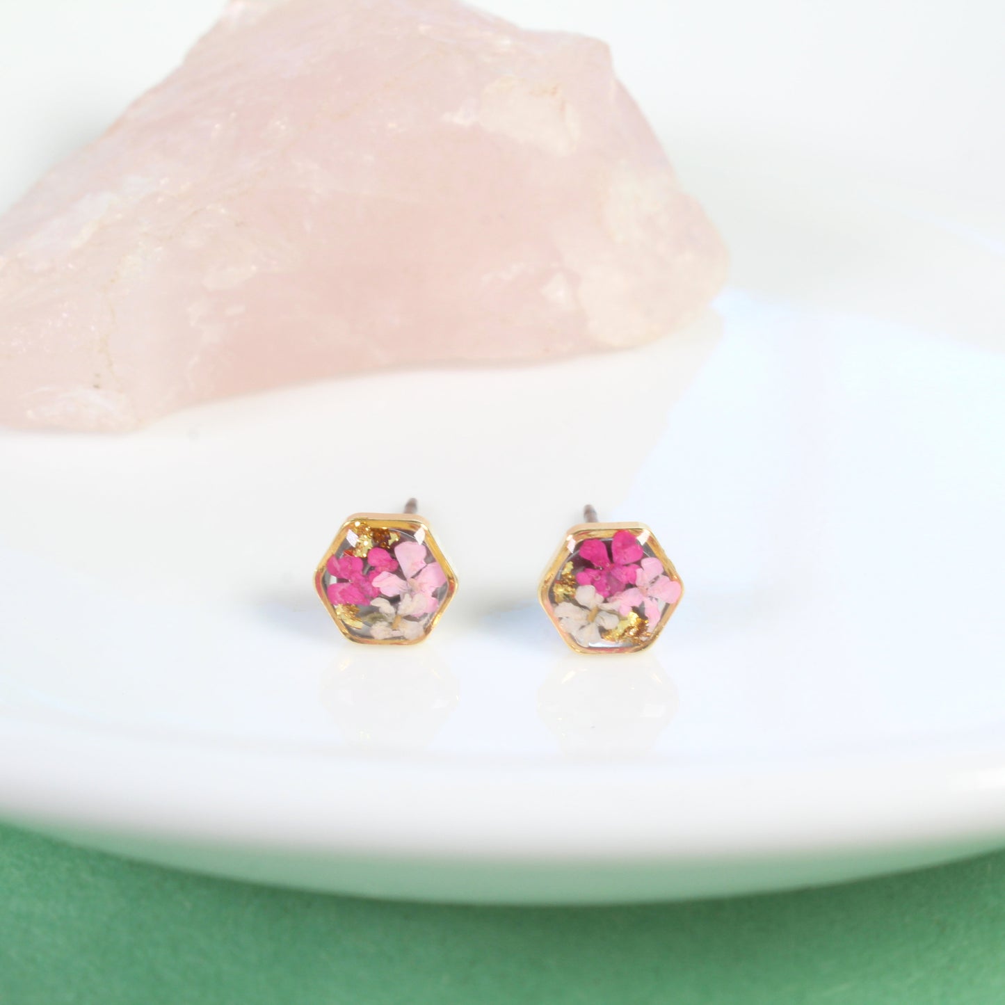 Tiny pressed flower earrings, pink resin studs, micro jewelry, handmade hexagon post earrings, hypoallergenic titanium, teeny, gold, silver